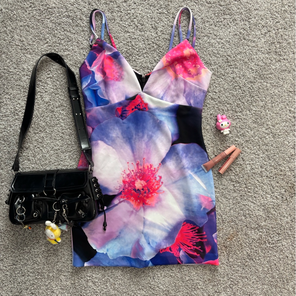 Bebe Pink and Blue Graphic Fitted Camisole Mini Dress